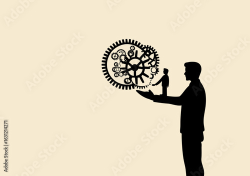 Silhouette businessman holding smaller person standing on hand fixing interconnected cogwheel gears teamwork concept flat vector illustration