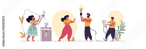 Diverse characters saving energy at home unplugging electronics switching off devices and holding glowing energy saving light bulb in minimalist style vector illustration