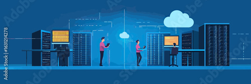 Cloud computing data center network with server racks and IT professionals managing technology infrastructure in flat vector style illustration