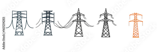 Set of high voltage electrical transmission tower line icons with power cables in minimalist flat vector style including one highlighted in orange