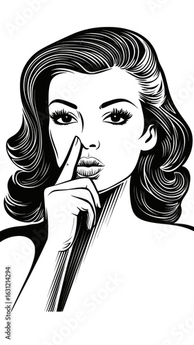 Black and white vector illustration of woman with finger to lips silence gesture retro style minimal outline portrait