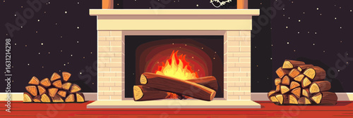Minimalist cozy indoor fireplace with bright burning flames and stacked firewood on wooden floor in dark room vector illustration