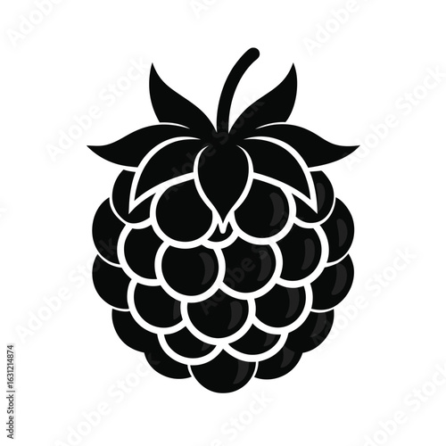 Black silhouette of a ripe blackberry with leaves and stem fruit food