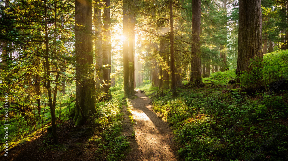 Obraz premium Forest pathway illuminated by morning sunlight. Peaceful nature trail in green woodland.