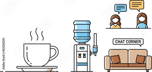 Illustration of an office break area with coffee, water cooler, and chat corner, promoting relaxation and social interaction among employees