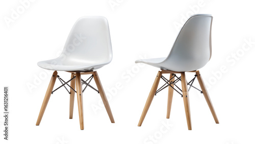 Two modern chairs, one white and one gray, isolated on transparent background, showcasing minimalist furniture design for home or office
