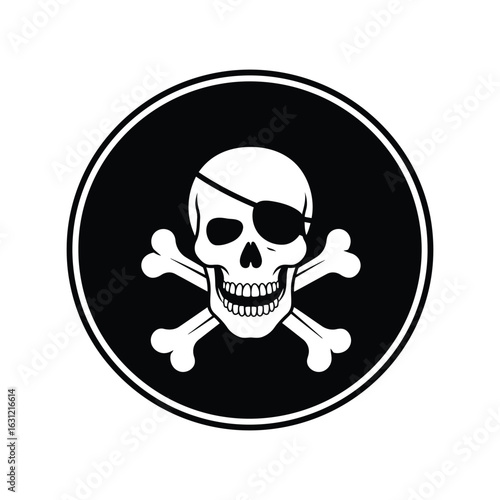  Pirate Skull Vector Icon with Eyepatch and Crossbones in Black Circle, Jolly Roger