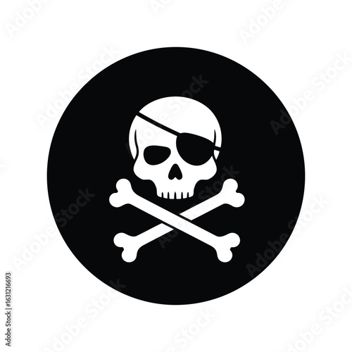  Pirate Skull Vector Icon with Eyepatch and Crossbones in Black Circle, Jolly Roger