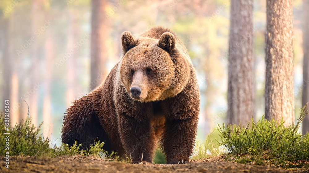 Fototapeta premium rown bear walking in the forest during golden hour. Majestic wildlife in natural habitat.