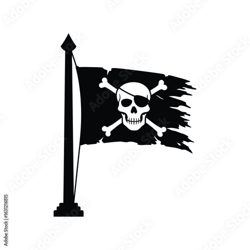 Worn and Torn Pirate Flag Vector Icon, Jolly Roger Emblem, and Eye Patch Skull