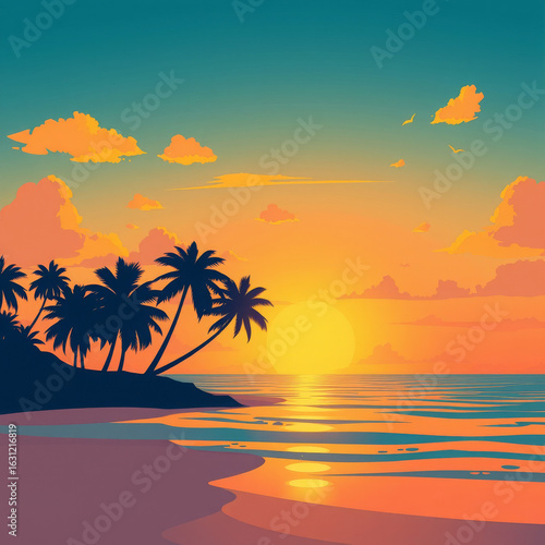 A  Vector of Palm Tree Silhouettes at the Seashore at Sunset in Bold Colors