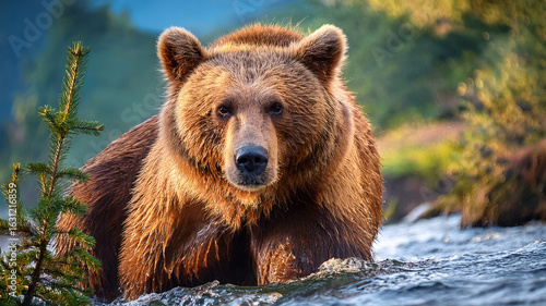 Strong brown bear stands in water, surrounded by forest. Powerful and alert.