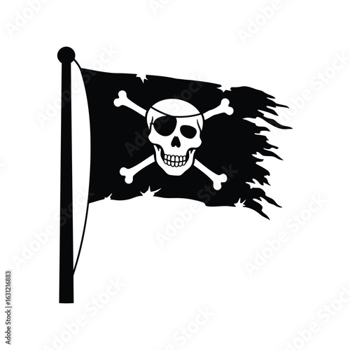 Worn and Torn Pirate Flag Vector Icon, Jolly Roger Emblem, and Eye Patch Skull