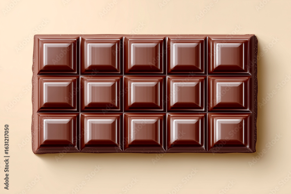 Fototapeta premium A perfectly crafted dark chocolate bar with glossy, square sections lays on a smooth beige background, showcasing its luxurious appeal and rich texture.