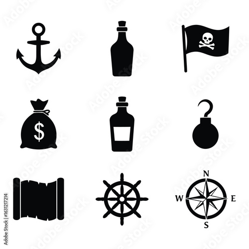 Flat Black Pirate Vector Icon Set, Treasure, Flag, Anchor, Swords, and Rum