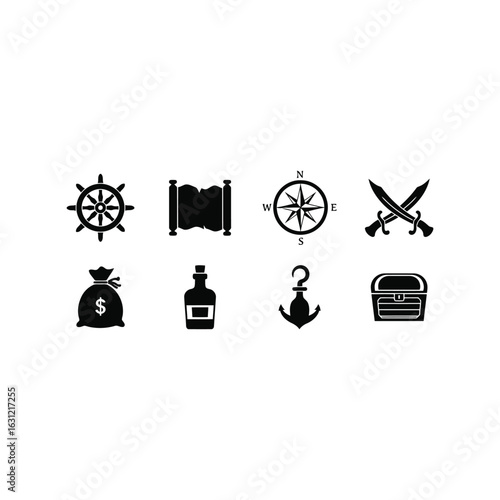 Flat Black Pirate Vector Icons, Ship Wheel, Map, Compass, Swords, and Rum