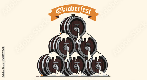 Oktoberfest Beer Barrels Stacked with Foam and Spigots, Celebration Design