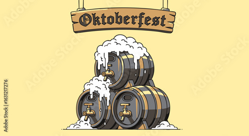 Oktoberfest Beer Barrels Overflowing with Frothy Beer