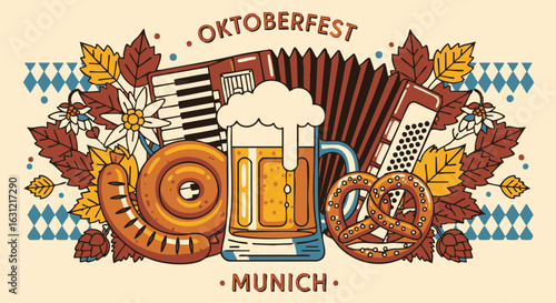 Colorful Oktoberfest Illustration Featuring Beer, Pretzel, Sausage, and Accordion.