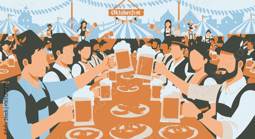 Festive Oktoberfest Celebration with People Toasting Beer Mugs