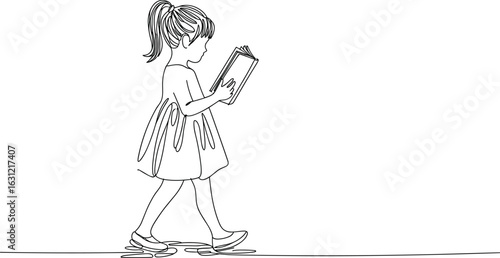   Girl reading a book Line art of while walking child