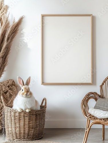 Beige-toned room featuring a framed print and a rabbit in a woven basket