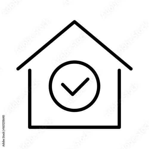 Black single mortgage approval line icon, simple house with checkmark flat design pictogram, infographic vector for app logo web website button ui ux interface elements isolated on white background