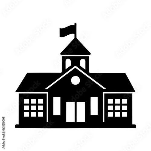School Building with Clock Tower and Flagstone Entrance Icon