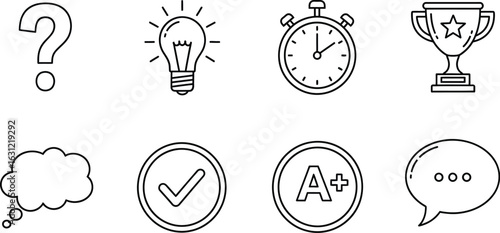 Education icon set vector illustration school and learning symbols, such as question mark, light bulb, stopwatch, trophy, speech bubble, and grade
