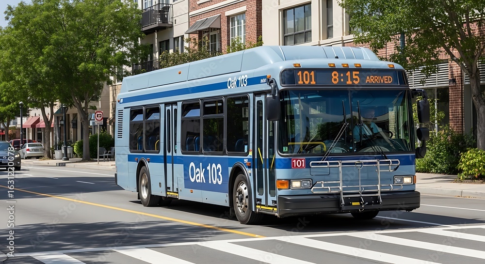 Fototapeta premium A light blue oak bus with the number one hundred and one on the front driving on a city street