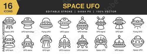 Space Ufo icon set. Editable Stroke Icon Collection. Includes ufo, space, spaceship, alien, science, sky, and More. Outline icons vector collection.