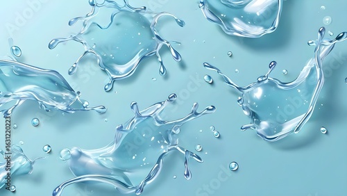 Water drops form puddles seen from a top-down perspective on a blue surface. Scattered aqua splashes depict skin care products, hydration spots, and the texture of gel or collagen with spray droplets.