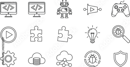 Collection of outline icons representing software development, programming, artificial intelligence, and technology