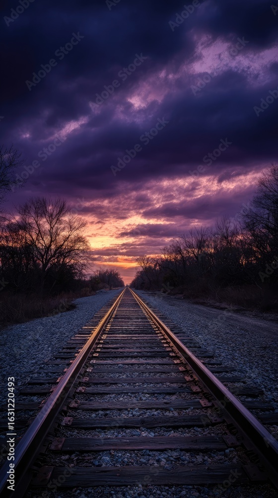 Fototapeta premium Twilight railroad track, dramatic sky