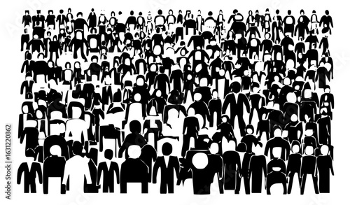 Vector Dense crowd of black silhouettes depicts a large group of people.