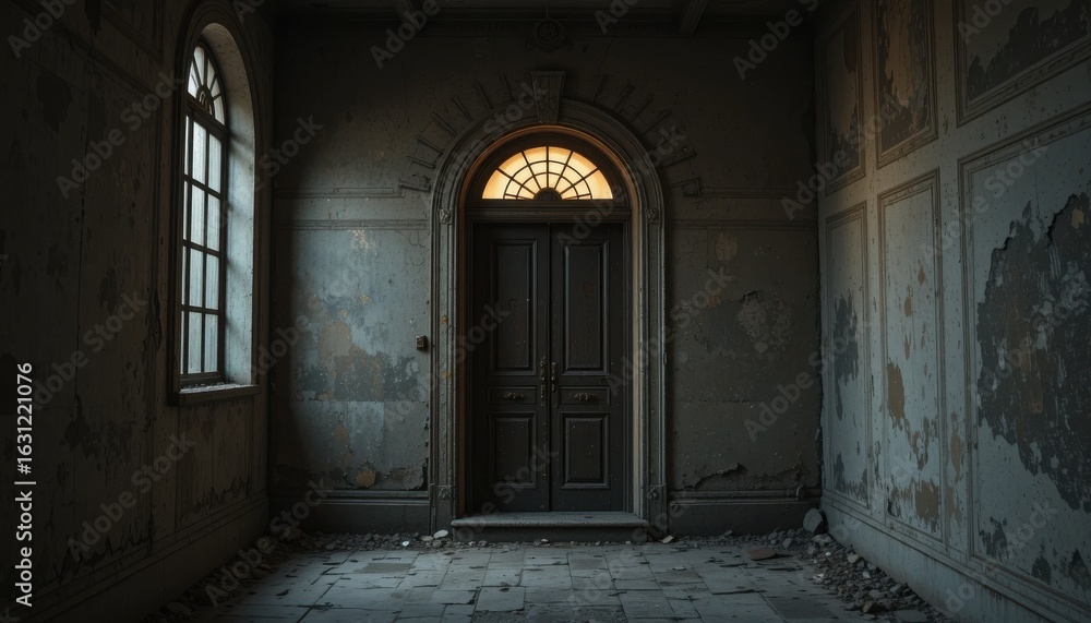 Fototapeta premium Abandoned Interior with Dark Doorway and Weathered Walls in an Old Building, Evoking Mystery and Nostalgia