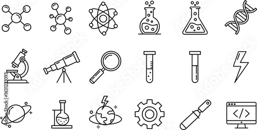 Science and research icons, depicting molecules, atoms, flasks, dna, microscopes, telescopes, magnifiers, test tubes, lightning, planets, gears, and computers