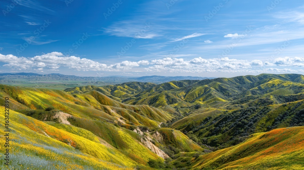 Fototapeta premium Rolling hills explode in color with wildflowers under a bright blue sky, showcasing nature's beauty and the golden landscape.