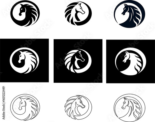 Horse head logo pack with outline, filled black, and white on dark styles. Ideal for modern ranch logos and horse fashion products.

