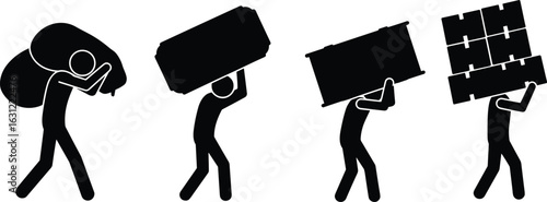 Silhouettes of people carrying heavy loads, manual labor, physical strain, overhead lifting, sack, box, effort, posture