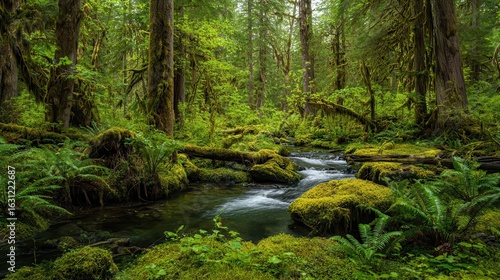 Lush forest stream with vibrant moss and ferns.