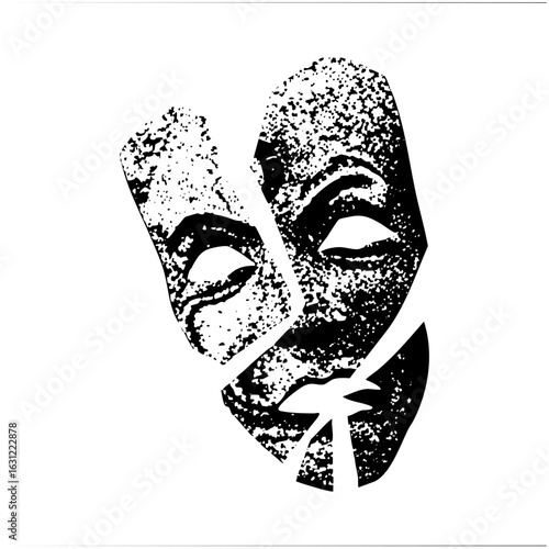 Vector Fragmented theatrical masks represent duality and broken emotions.
