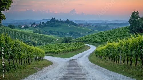 Road splits through green rolling hills landscape with vineyards under a pastel sky.