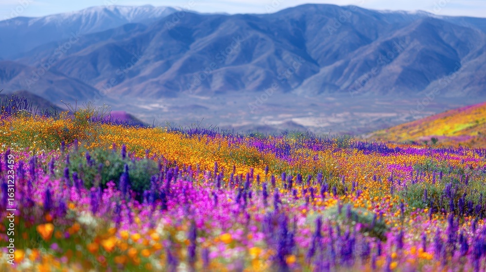 Fototapeta premium A vibrant display of wildflowers in a mountainous landscape.