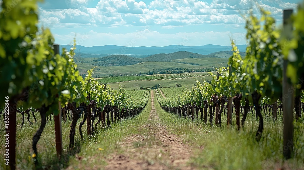 Fototapeta premium Vineyard rows stretch towards distant hills under a bright sky.
