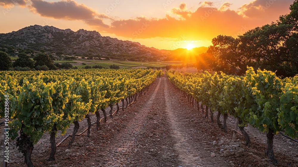 Naklejka premium Vineyard rows stretch to the horizon under a sunset sky with mountains.