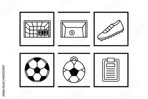 Six Simple Line Art Icons Representing Soccer and Sports Equipment football goal