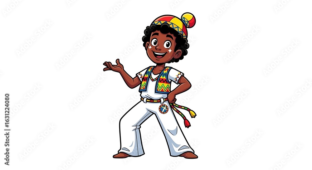 Fototapeta premium Cartoon boy with dark skin wearing a colorful hat and traditional clothing standing on a white background