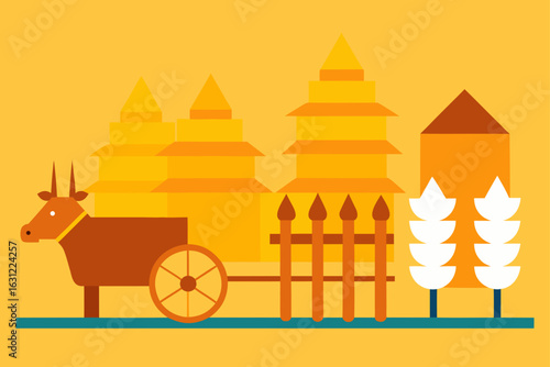 bullock cart near golden grain stacks at harvest