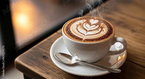 Steaming hot cappuccino with latte art heart design on wooden table